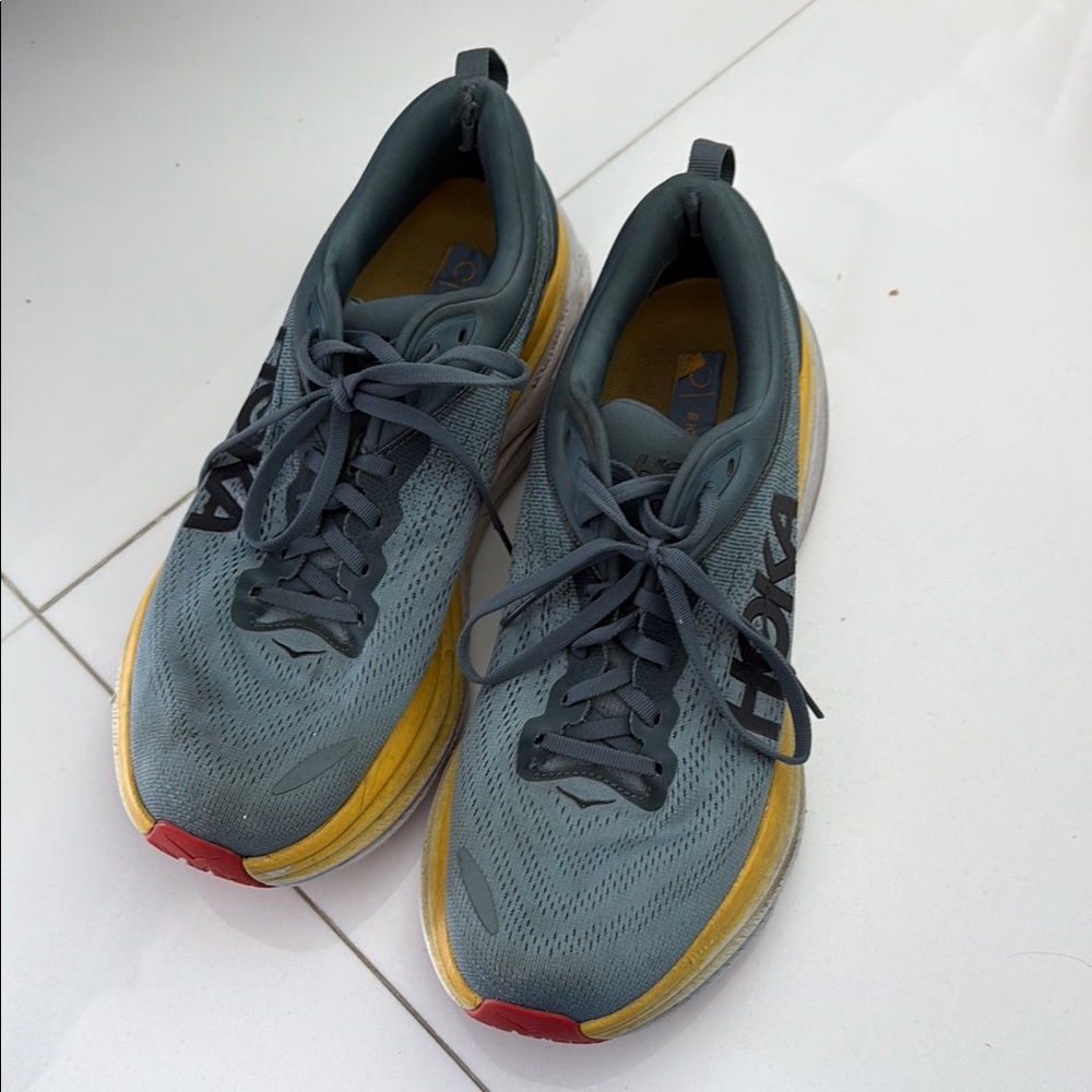 Hoka Gray and Yellow Bondi 8